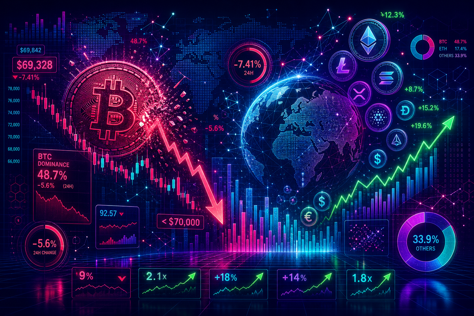 Bitcoin Dominance Crashes as BTC Price Dumps Below $70K: Market Watch