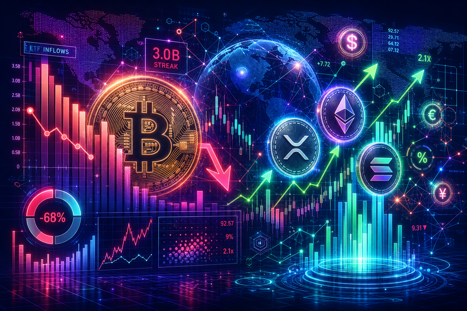 Bitcoin ETF inflows snap after $3 billion streak as ETH, XRP and Solana keep buying