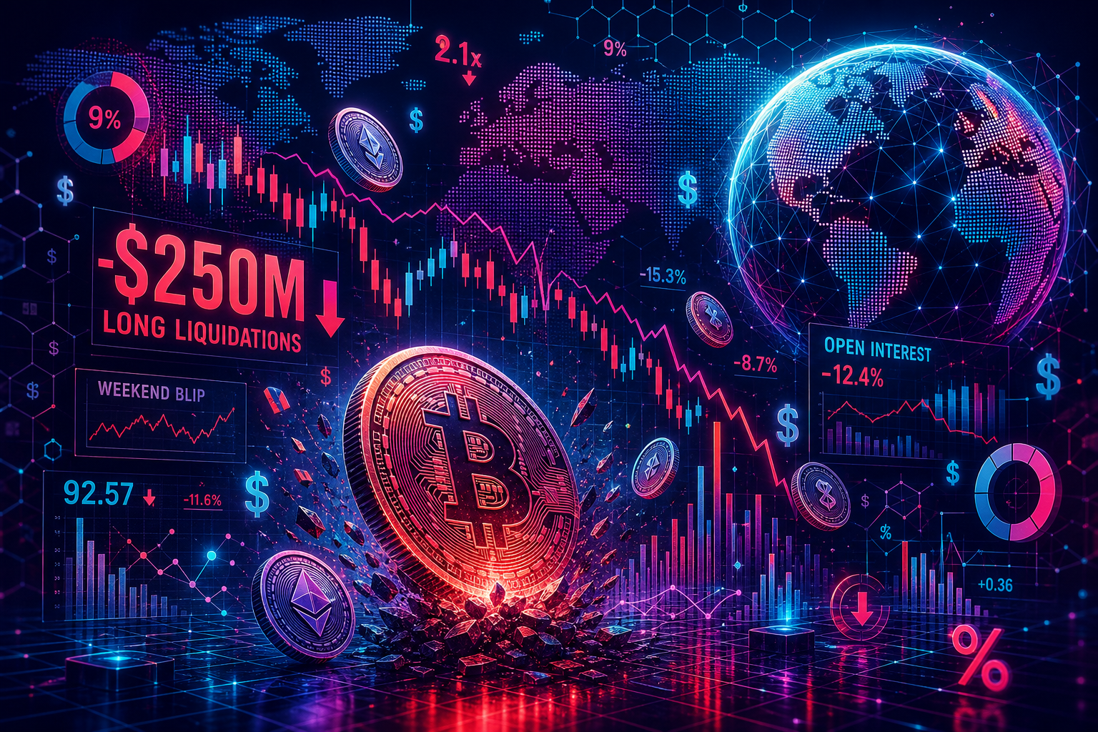 Bitcoin weekend blip wiped out $250M in over leveraged long traders while open interest weakens
